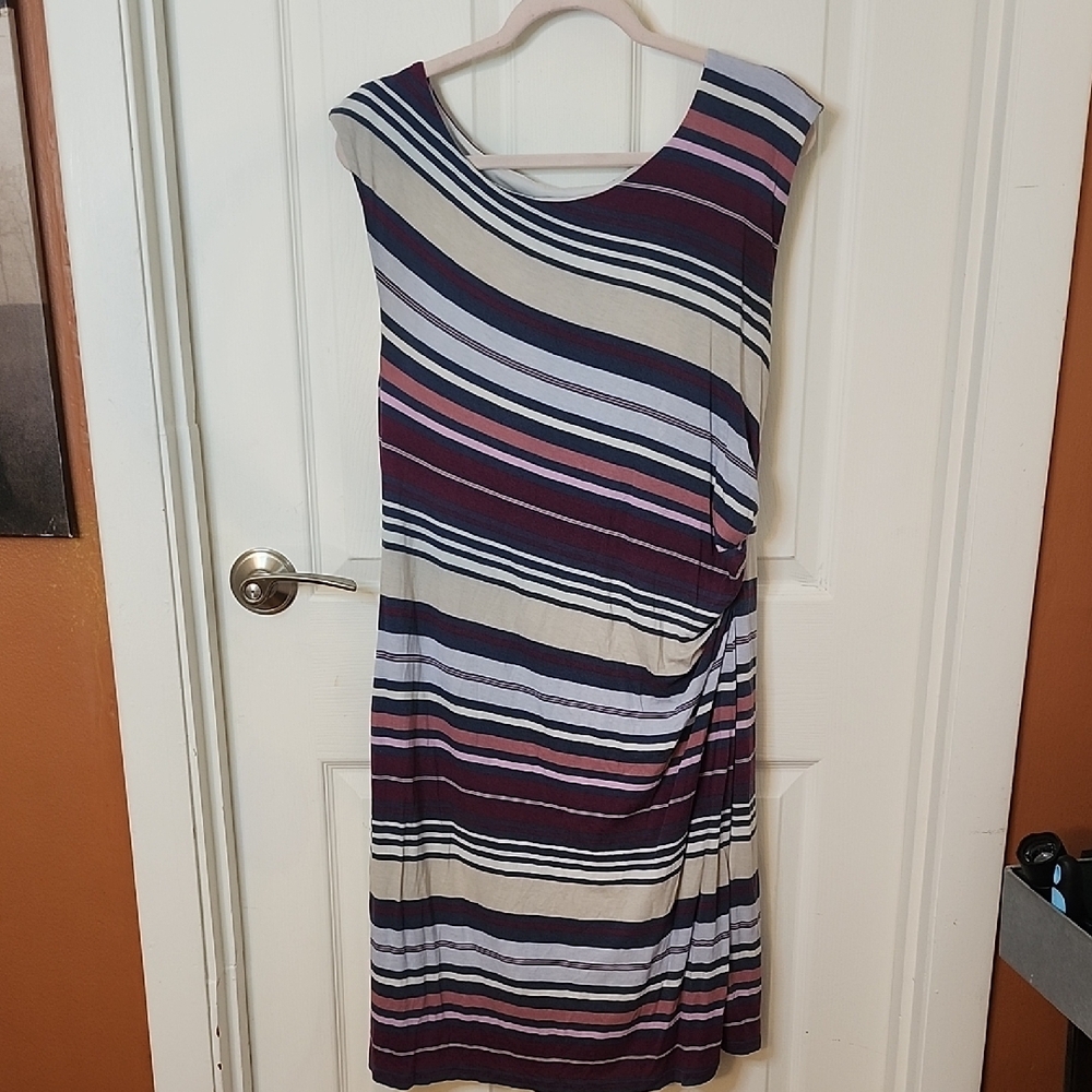 LOFT White and Blue Ruched Sheath Dress